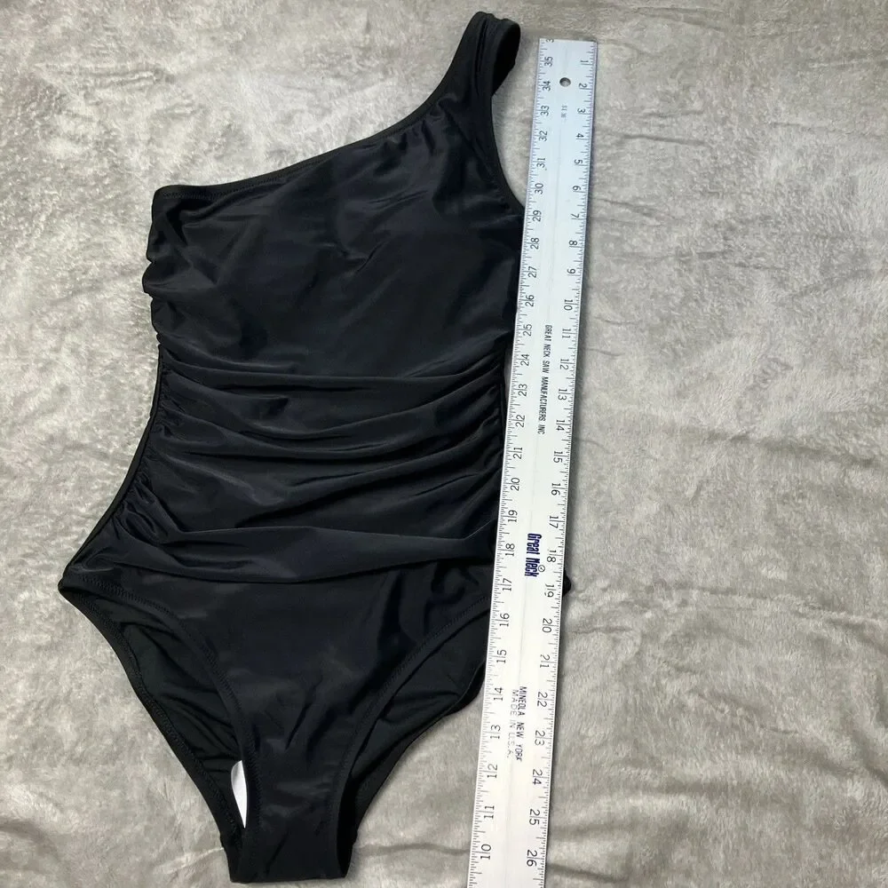 J Crew XS One-Shoulder Ruched One Piece Swimsuit Black High-cut‎ Full Coverage
